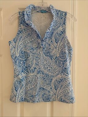 Blue Paisley Sleeveless Polo Top J McLaughlin